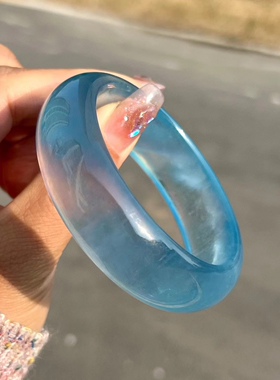天然海蓝宝手镯海蓝宝手镯浅蓝色海蓝宝宽版手镯