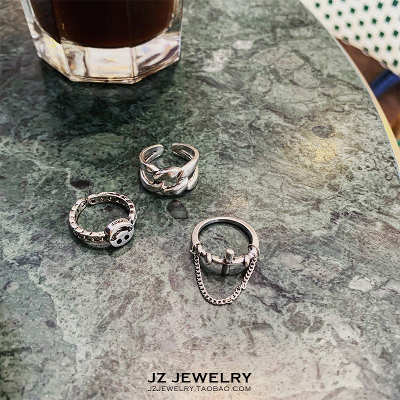 JZ Ring 欧美ins男女情侣指环 韩国简约复古笑脸十字架潮开口戒指