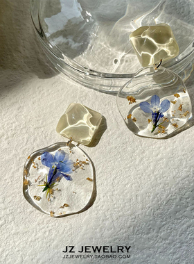 JZ 925银针 夏日清新蓝色浪漫复古花朵 甜美少女水波纹通透感耳环