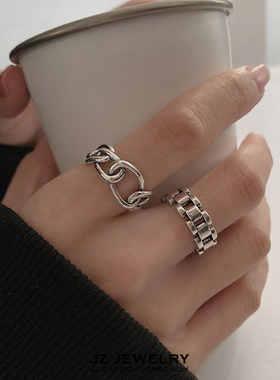 JZ Ring S925纯银 欧美冷淡风指环男 韩国做旧麻花食指开口戒指女