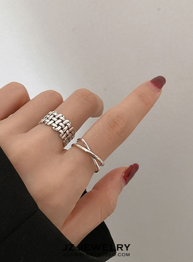 JZ S925纯银韩国网红冷淡风指环 复古简约气质交叉几何开口戒指女