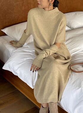 SWHP 断色清仓 正品70羊毛针织毛衣连衣裙秋冬宽松中长裙带袖套