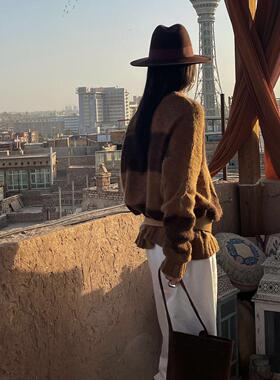 SWHP 正品现货 羊驼毛羊毛宽条纹长袖毛衣宽松百搭针织打底