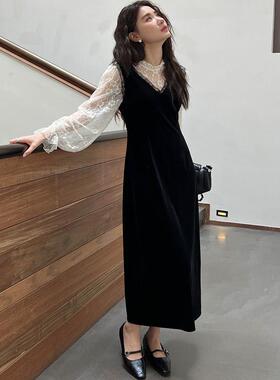 SWHP 正品现货 丝绒气质V领背心连衣裙+提花蕾丝打底衫套装