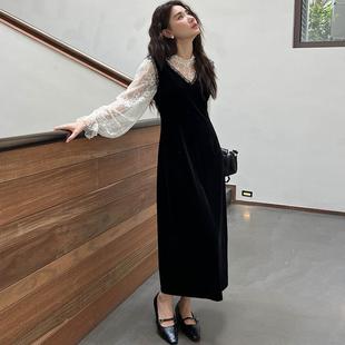 正品 套装 现货 提花蕾丝打底衫 丝绒气质V领背心连衣裙 SWHP