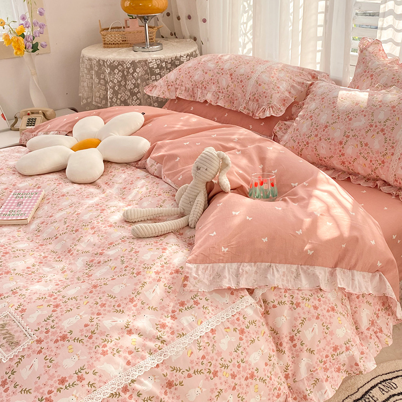 全棉韩版田园风四件套蕾丝荷叶边被套少女心纯棉双人加大床上用品