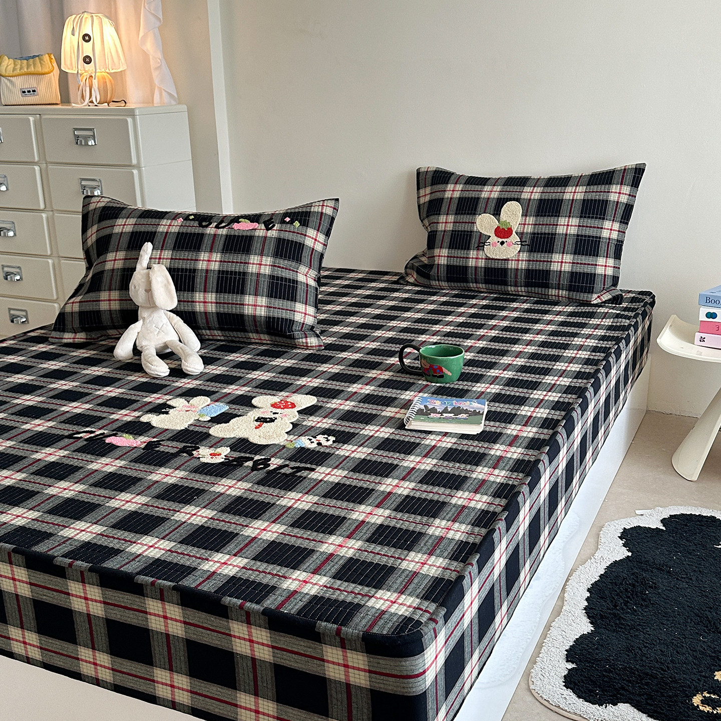 卡通纯棉色织水洗棉加厚床笠三件套全棉席梦思床垫套毛巾绣防护罩