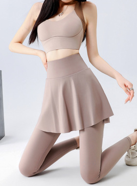 2024瑜伽女高腰显瘦修身跑步健身鲨鱼裤运动裤春秋外穿假两件裙裤
