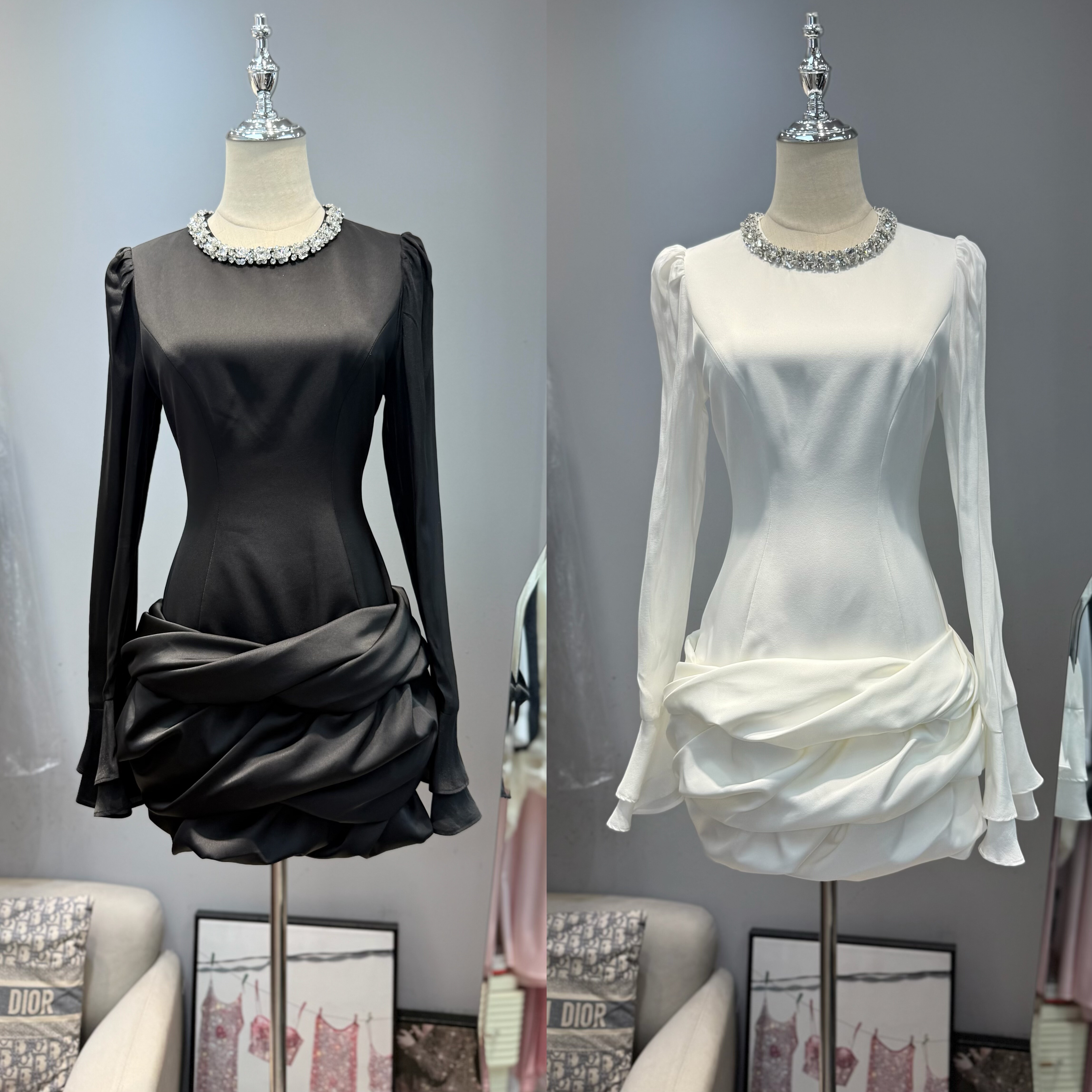 2025镶钻圆领气质长袖拼接花苞裙摆收腰连衣裙女生日绝美礼服短裙