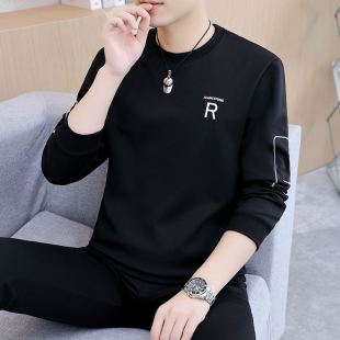 潮牌百搭男式圆领卫衣春秋季纯棉刺绣黑色长袖t恤内搭套头上衣服