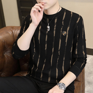 t恤纯棉上衣服 高端欧货竖条纹印花长袖 时尚 潮流圆领卫衣男春秋款
