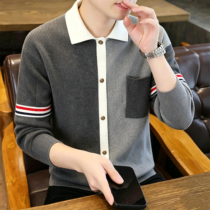 长袖彩色杠针织开衫上衣男春秋2026新款棒球风翻领休闲拼色毛衣