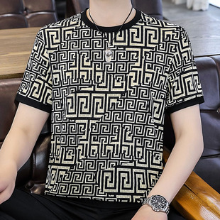 男人t恤短袖夏季高端透气下摆收口镂空冰丝圆领体恤花色半袖上衣