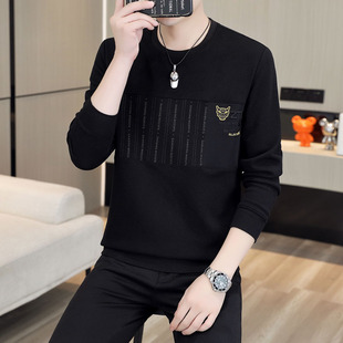 欧洲站圆领卫衣男春秋季潮牌拼接套头长袖t恤衫休闲外搭秋装上衣