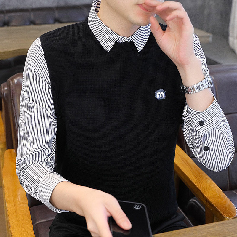 潮牌拼接条纹衬衫领男士毛衣秋冬季时尚休闲假两件针织打底衫上衣,男装,针织衫/毛衣,淘宝优惠券,粉丝福利购,淘宝优惠卷