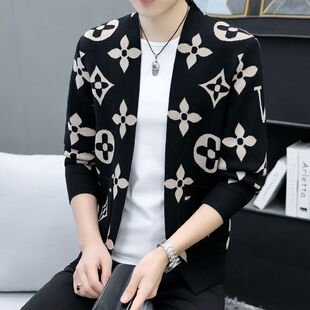 时尚潮流男士针织开衫春秋季个性提花休闲毛衣外套薄款秋装上衣服