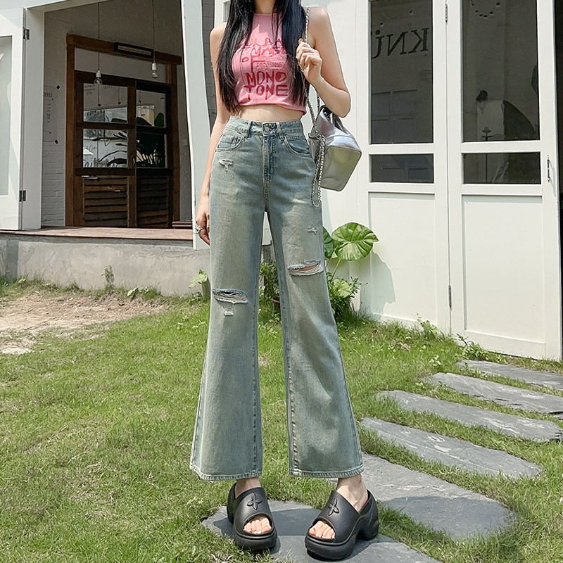 破洞牛仔裤女夏季薄款新款高腰显瘦小个子九分微喇叭裤子潮春秋季