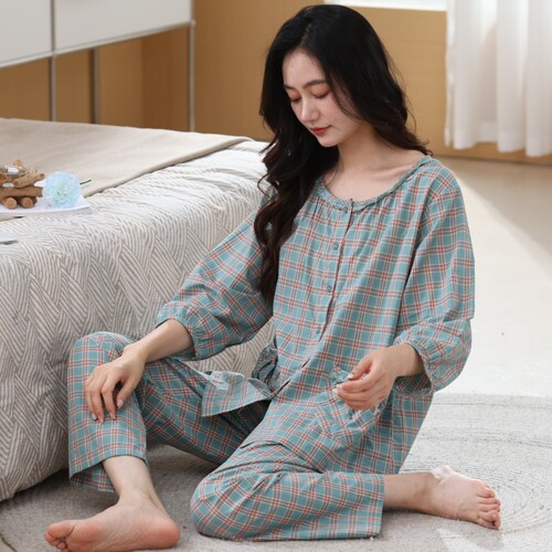 100%纯棉女士睡衣春夏季七分袖九分裤高档中年妈妈薄款家居服套装