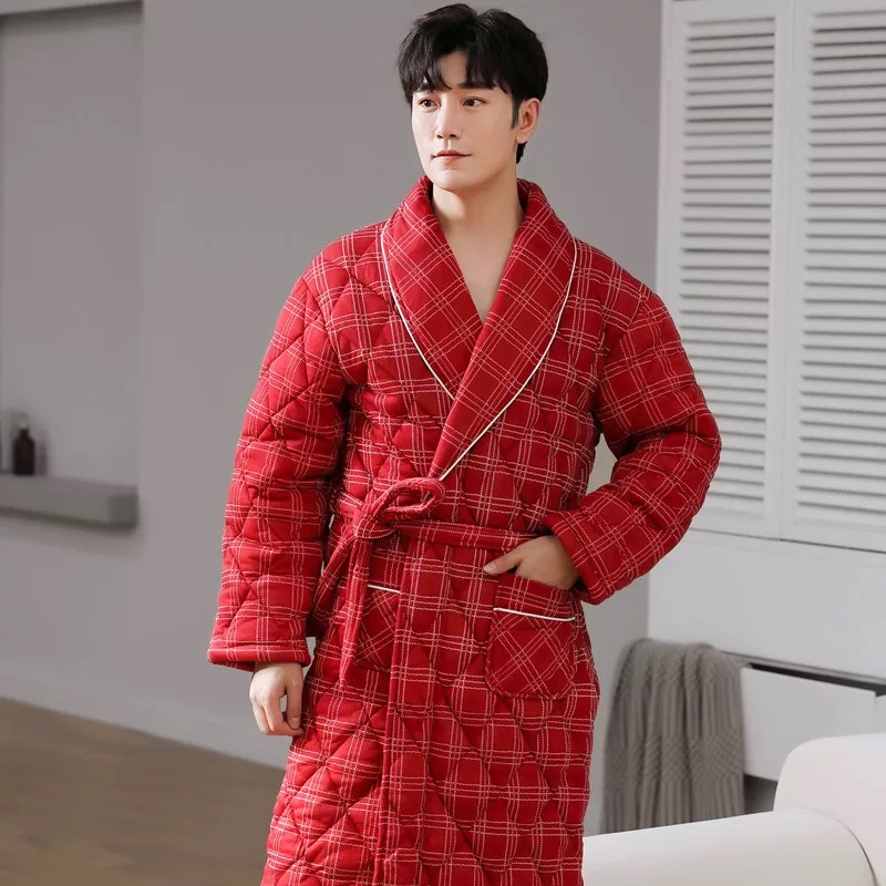 夹棉睡袍男款纯棉冬季三层加厚保暖棉袄男士冬天浴袍中长款家居服