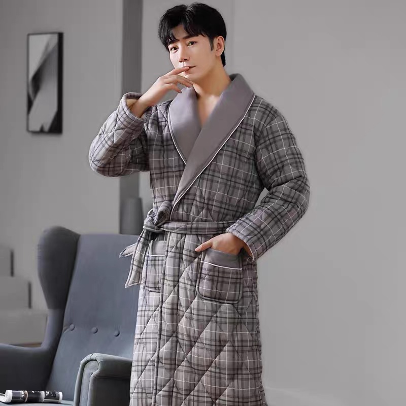 三层加厚夹棉睡袍男保暖浴袍浴衣