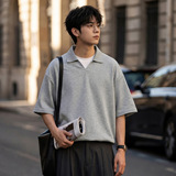 针织V领polo衫男夏季款复古纯色短袖T恤cleanfit宽松休闲半袖体恤，男装T恤，电商A362