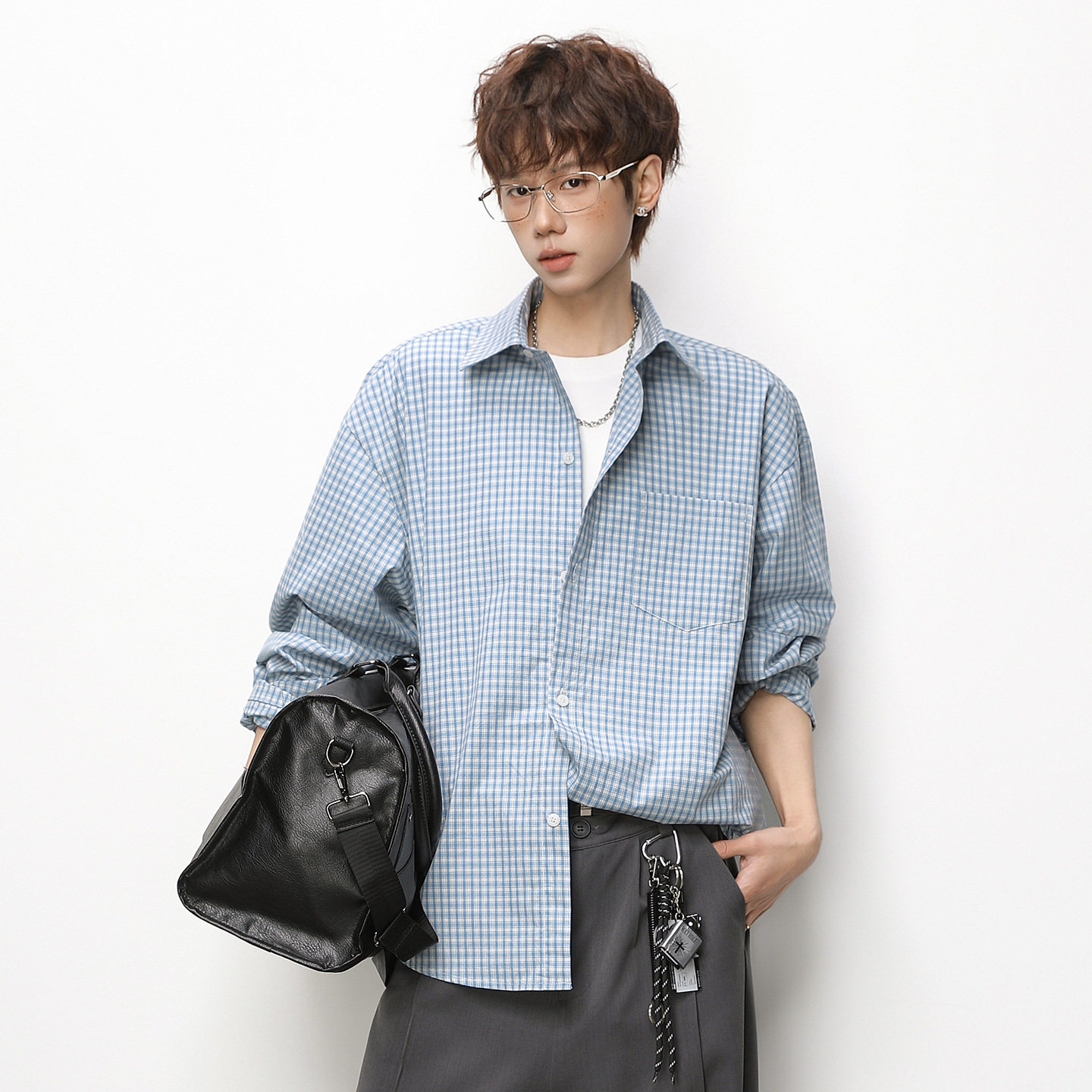 春款小格纹宽松休闲衬衣miu系穿搭风上衣外套OC8040-P52控88，男装衬衫，电商A362