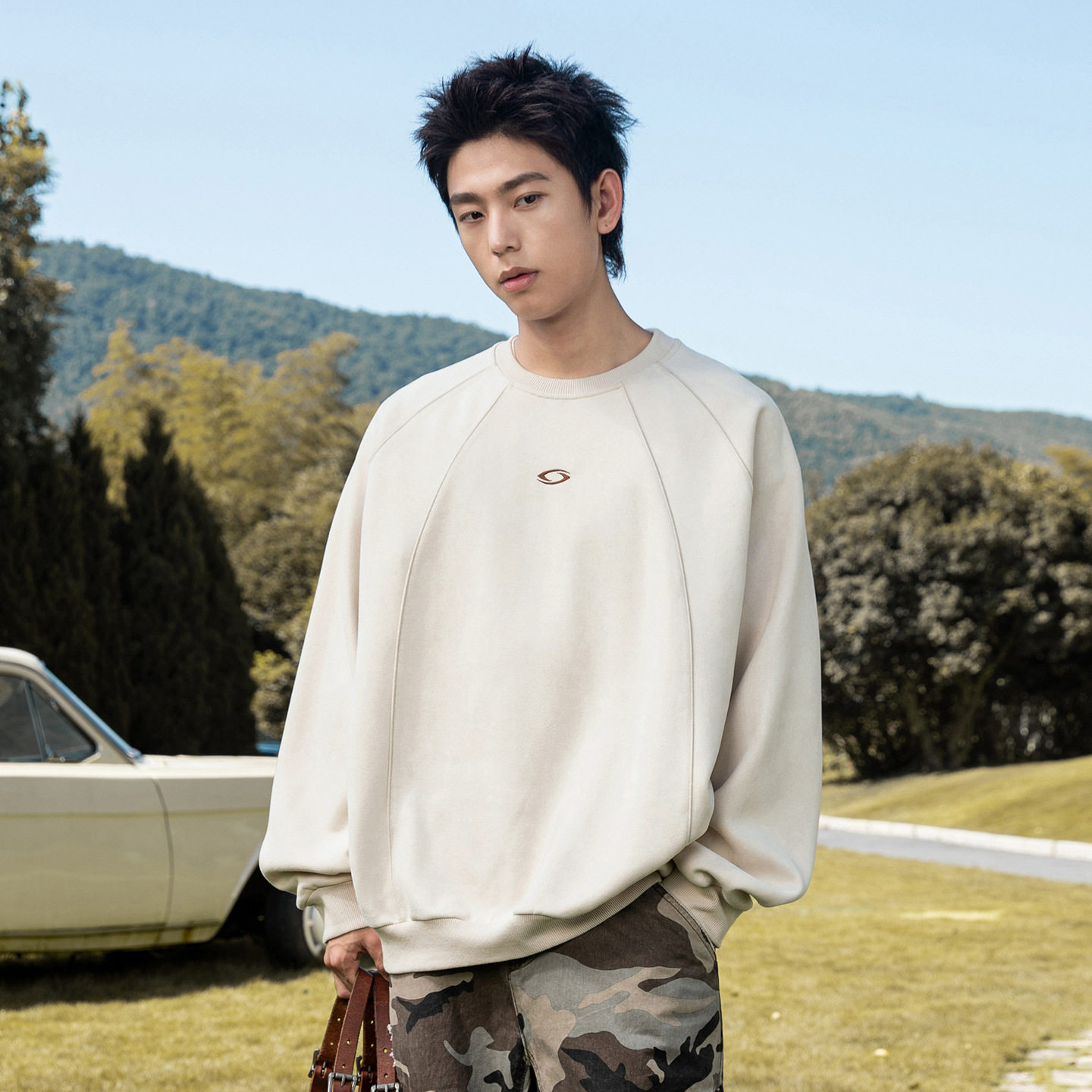 麂皮绒圆领卫衣男秋季款撞色刺绣套头衫潮牌上衣MW3968-P45控78，男装卫衣，电商A362