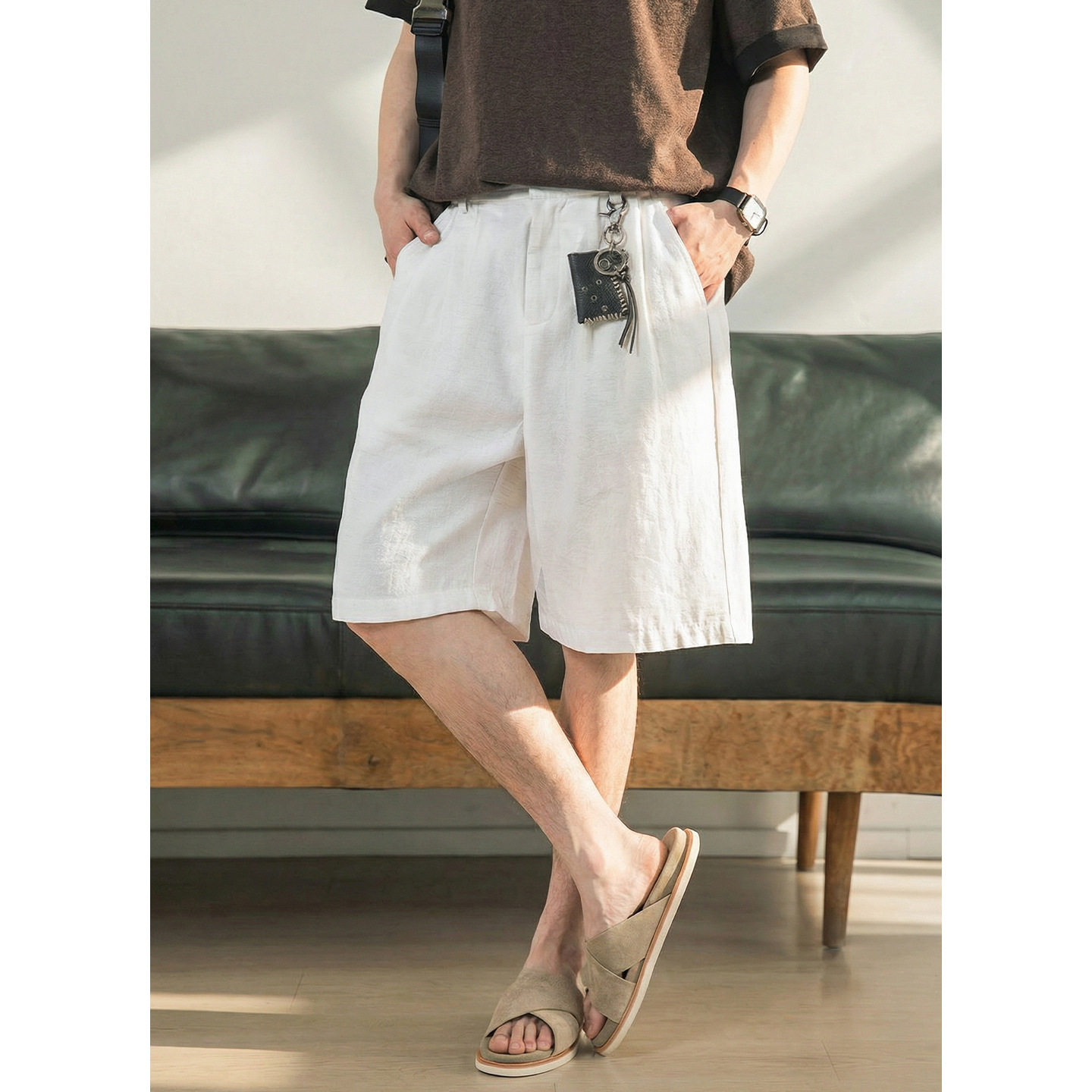 男夏季款亚麻纹理简约透气老钱风直筒宽松五分裤OK2600-P40控75，男装休闲裤，电商A362