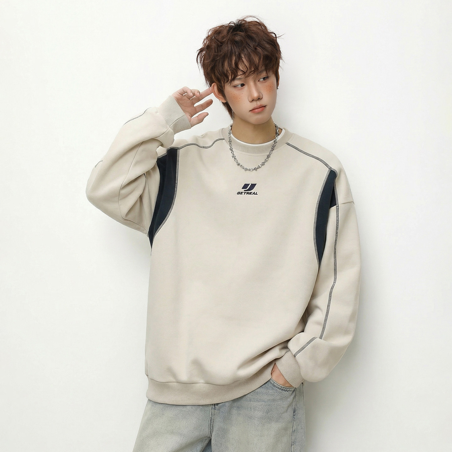 撞色拼接圆领卫衣春季廓形宽松运动休闲套头衫外套MW3990-P50控78，男装卫衣，电商A362