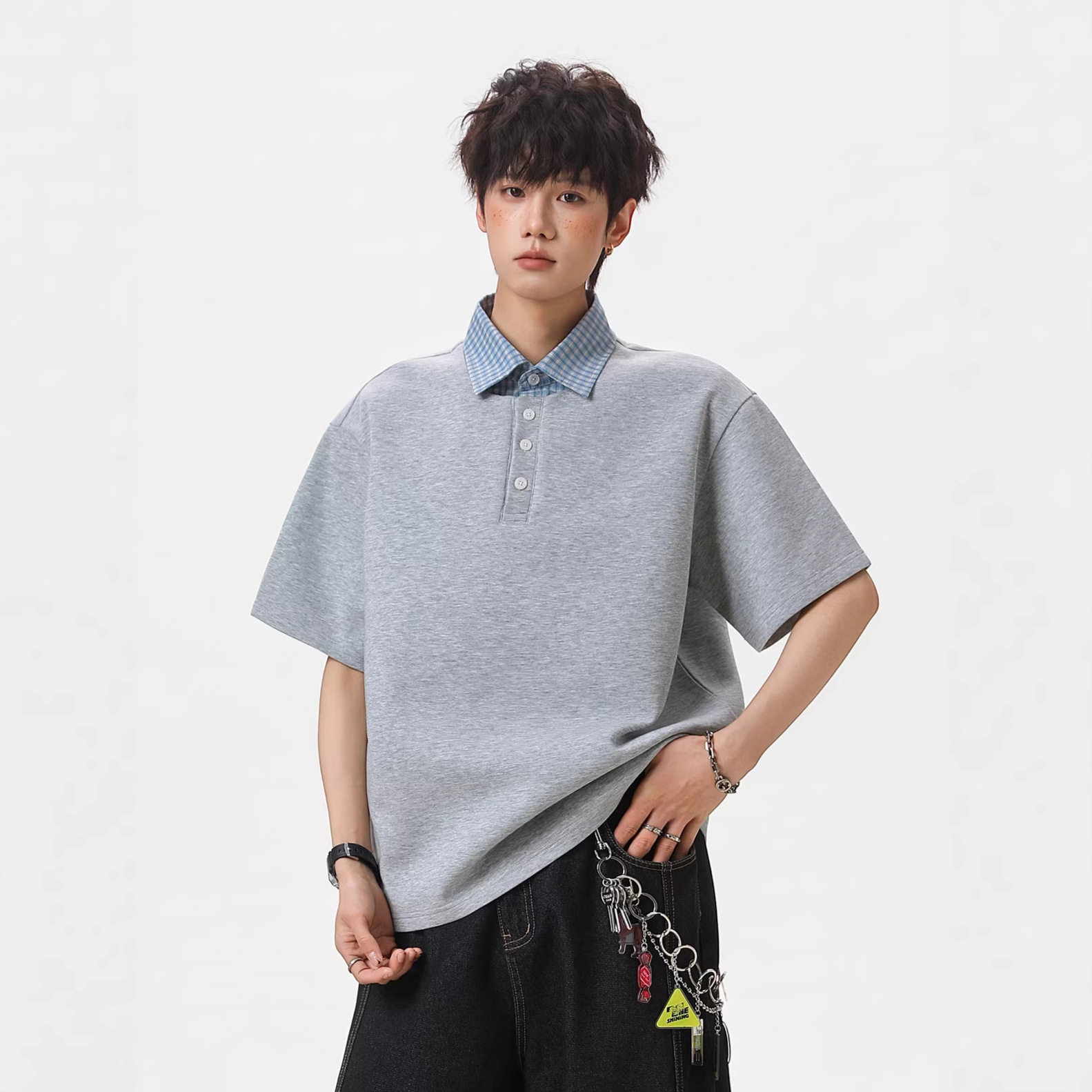 美式学院风假两件polo衫男夏季款撞色格纹拼接miu系穿搭风短袖T恤，男装T恤，电商A362