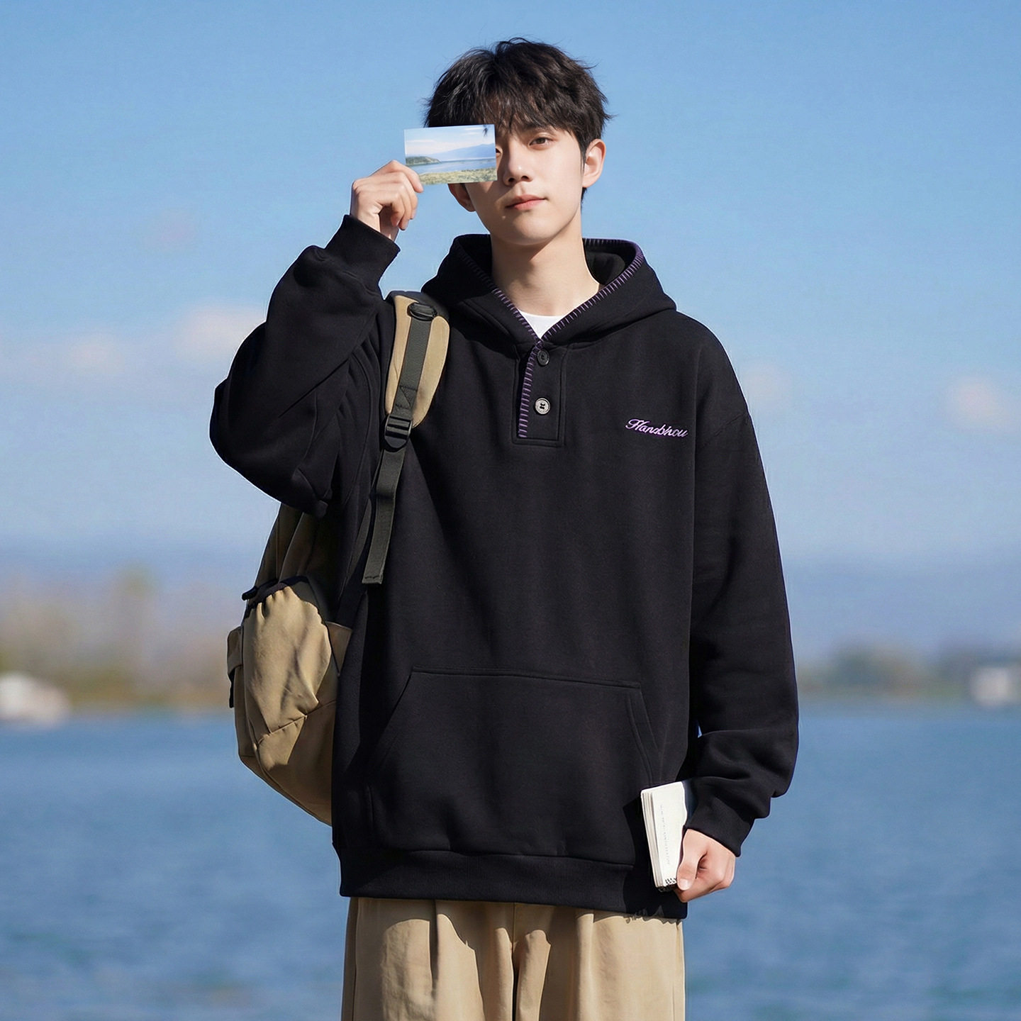 刺绣半门襟连帽卫衣男春季重磅潮牌休闲上衣外套OW8030-P65控108,男装卫衣,电商A362
