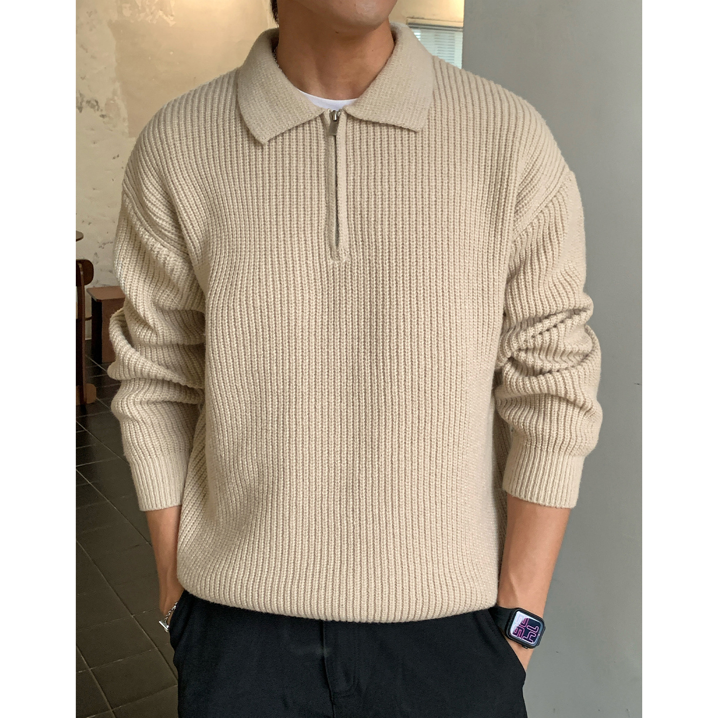 毛衣男秋冬新款重磅仿鹿毛绒竖条纹针织衫纯色保暖MM4154-P55控88，男装针织衫/毛衣，电商A362