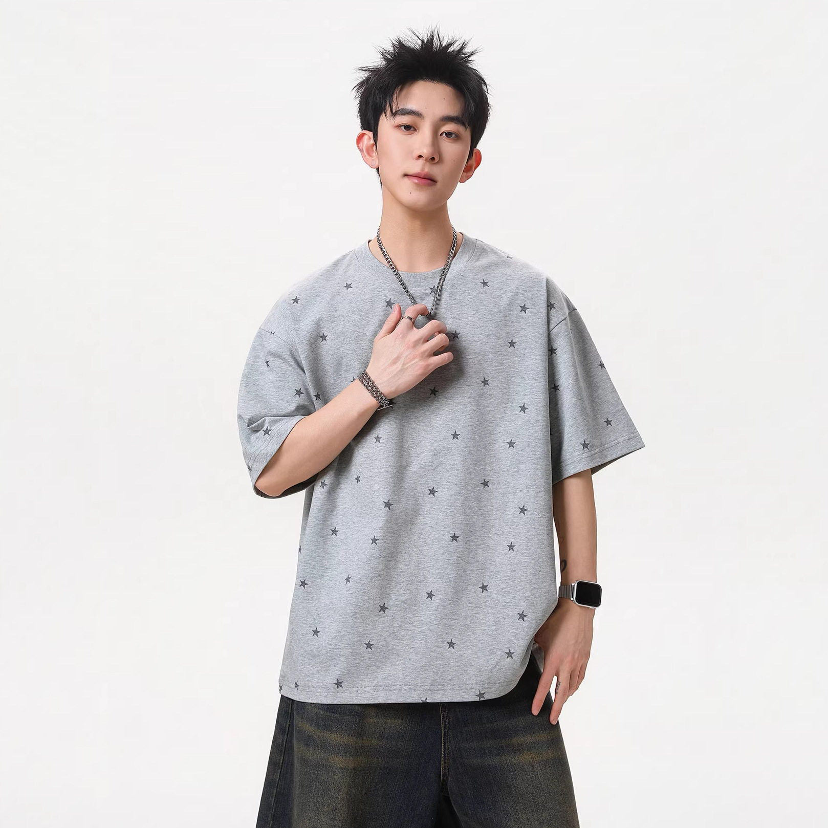 星星印花短袖T恤男夏季新款美式高街潮牌复古纯棉宽松休闲体恤衫，男装T恤，电商A362