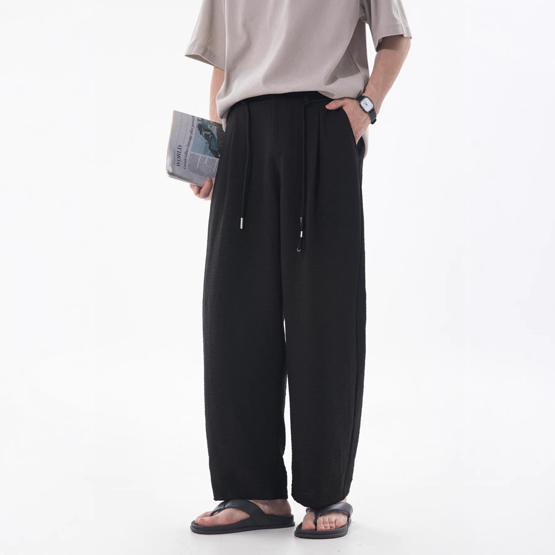 休闲裤男春夏款设计感腰绳垂感透气日系松弛感长裤OK2713-P43控78，男装休闲裤，电商A362