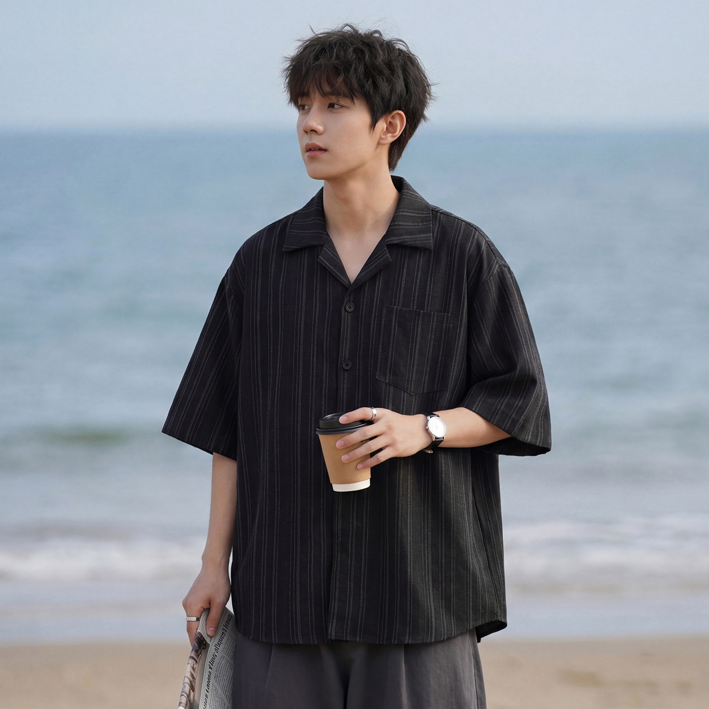 短袖衬衫男夏季款古巴领衬衣垂感潮牌上衣外套OC7240-P51控88,男装衬衫,电商A362