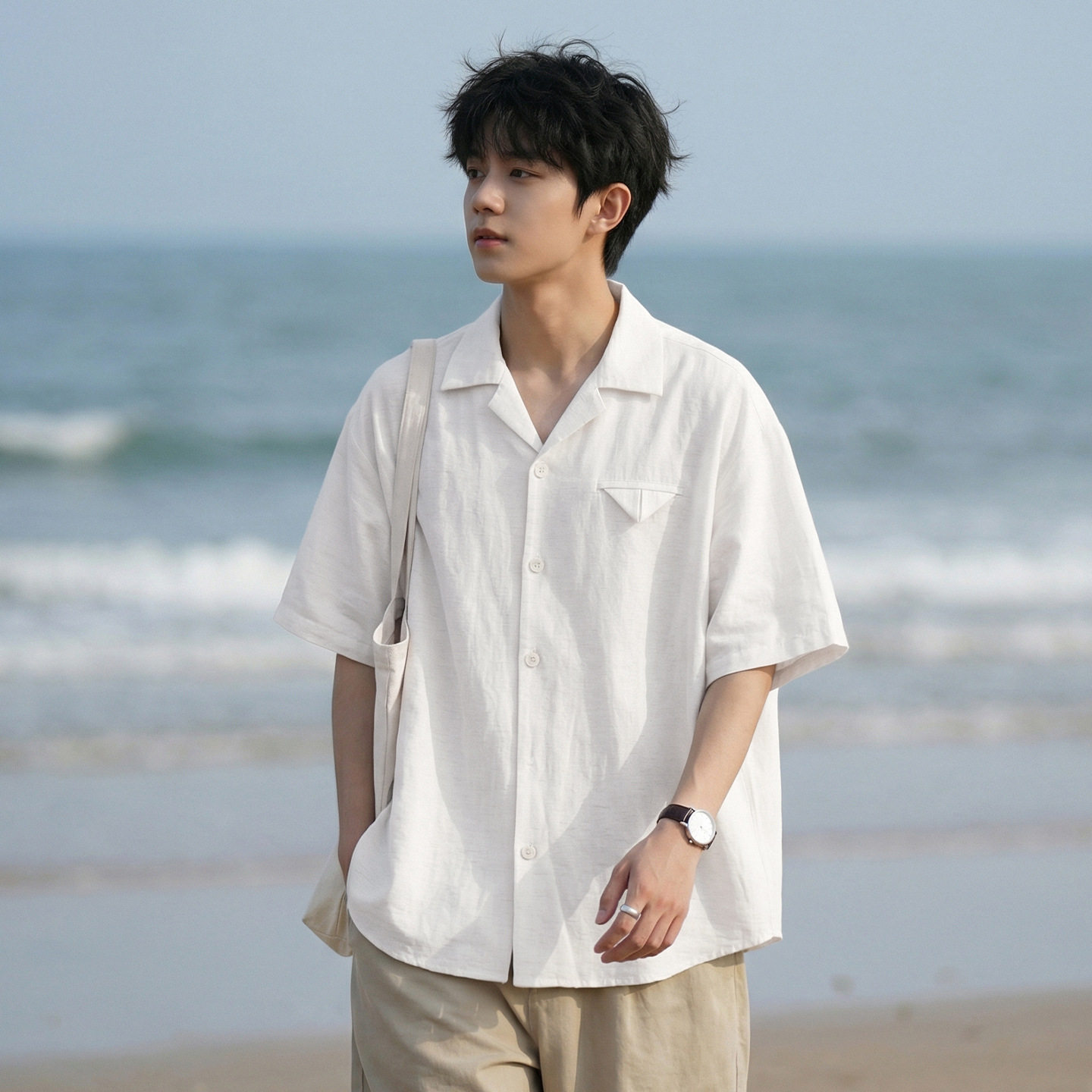 袖衬衫男夏季薄款透气纯色宽松垂感休闲衬衣外套OC7242-P44控78,男装衬衫,电商A362
