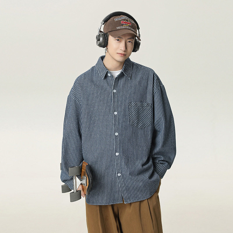 男春季款后背拼接设计日系复古休闲蓝色衬衣外套MC7136-P65控98，男装衬衫，电商A362