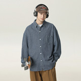 男春季款后背拼接设计日系复古休闲蓝色衬衣外套MC7136-P65控98，男装衬衫，电商A362