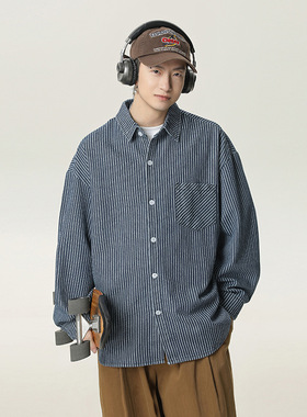 男春季款后背拼接设计日系复古休闲蓝色衬衣外套MC7136-P65控98