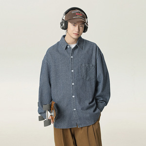 男春季款后背拼接设计日系复古休闲蓝色衬衣外套MC7136-P65控98图片