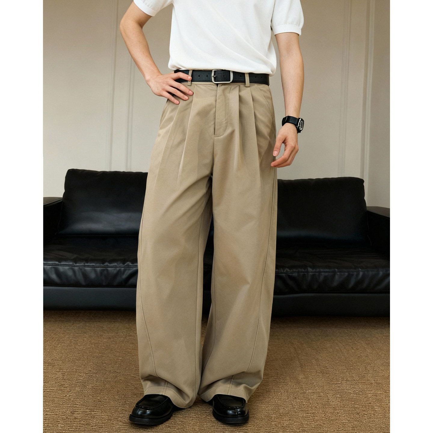 打褶休闲裤款春季质感纯色廓形宽松直筒长裤子OK2562-P55控88,男装休闲裤,电商A362