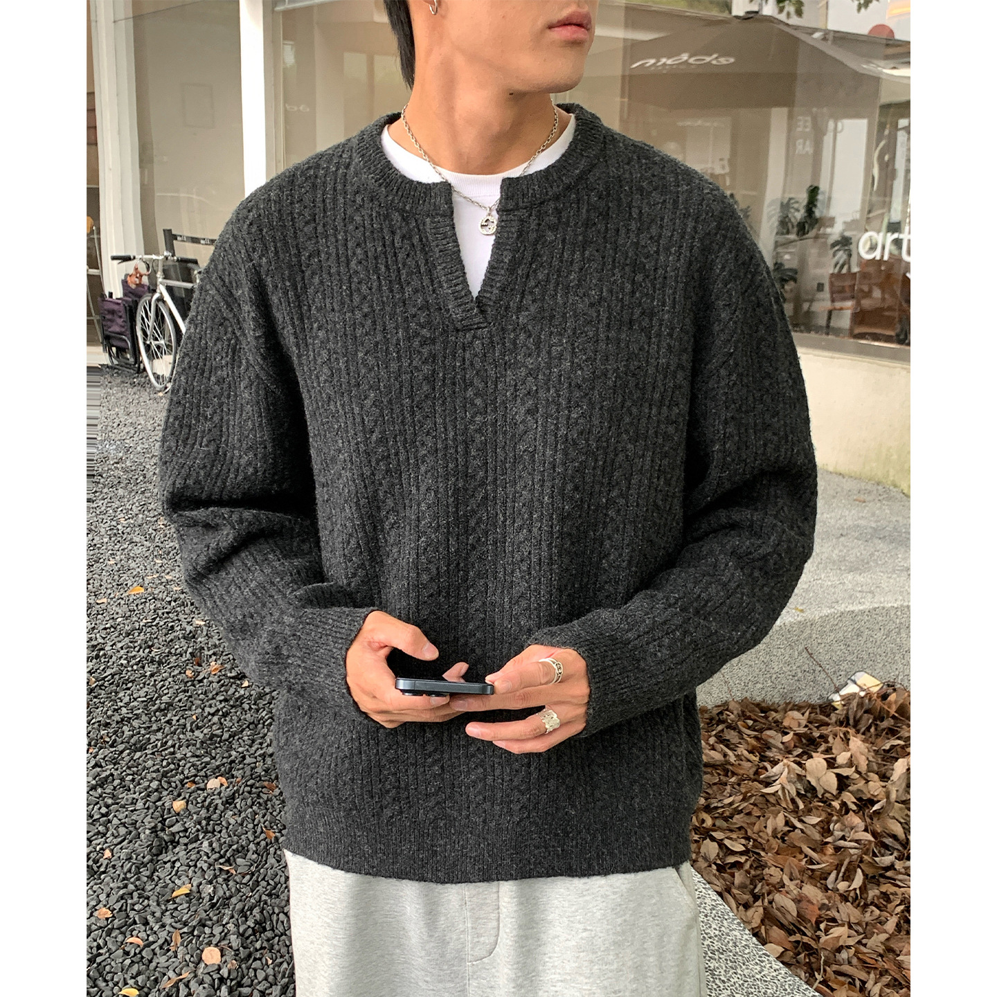 毛衣男秋冬新款质感细条纹绞花针织衫保暖加厚外套MM4151-P55控88，男装针织衫/毛衣，电商A362