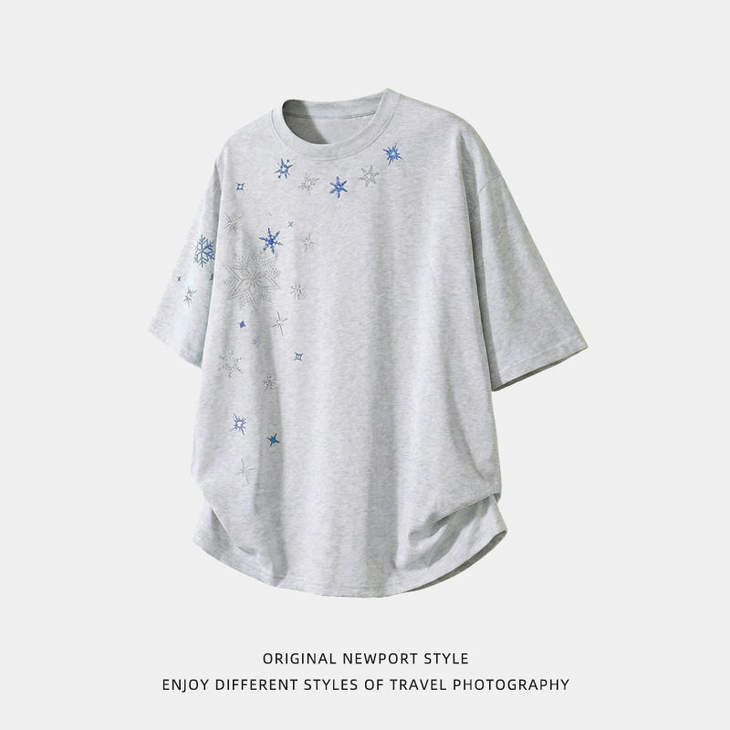 高智感简约休闲雪花星星印花短袖T恤男夏季纯棉宽松潮牌半袖体恤，男装T恤，电商A362