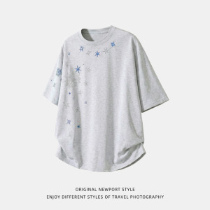 高智感简约休闲雪花星星印花短袖T恤男夏季纯棉宽松潮牌半袖体恤，男装T恤，电商A362