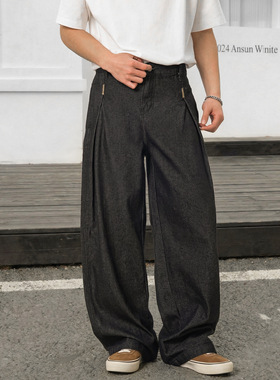 刺绣原牛黑色牛仔裤男春季款立体打褶直筒长裤ON2623-P58控98