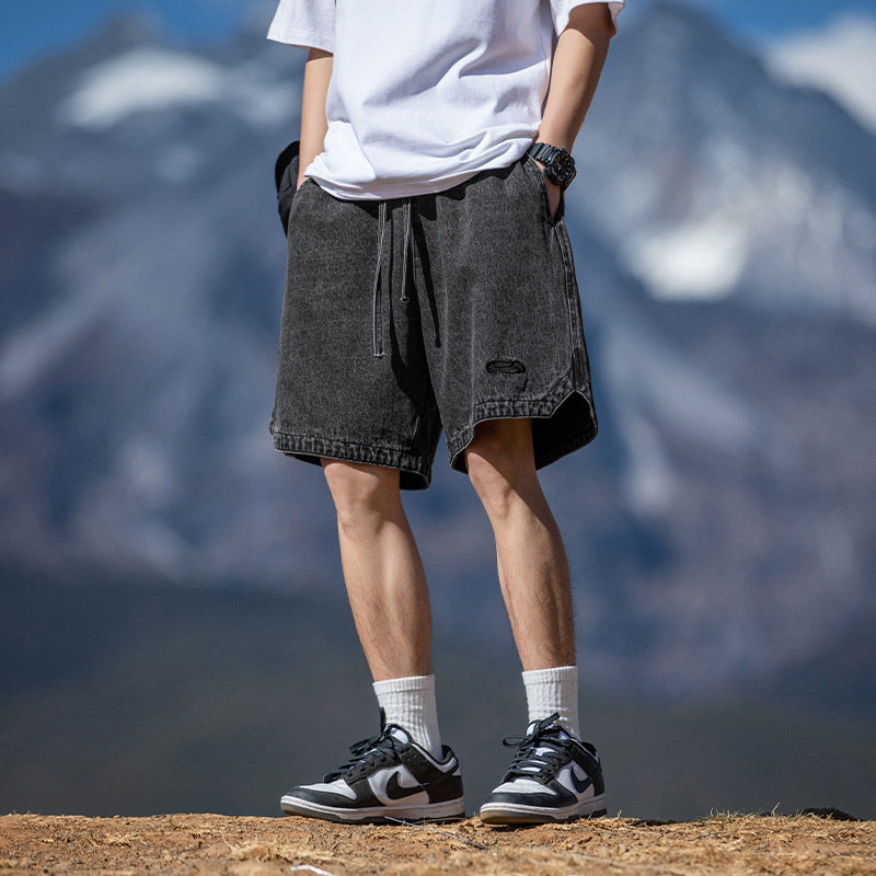 做旧洗水工装牛仔短裤夏季刺绣日系休闲宽松五分裤L2286-P50控78，男装牛仔裤，电商A362