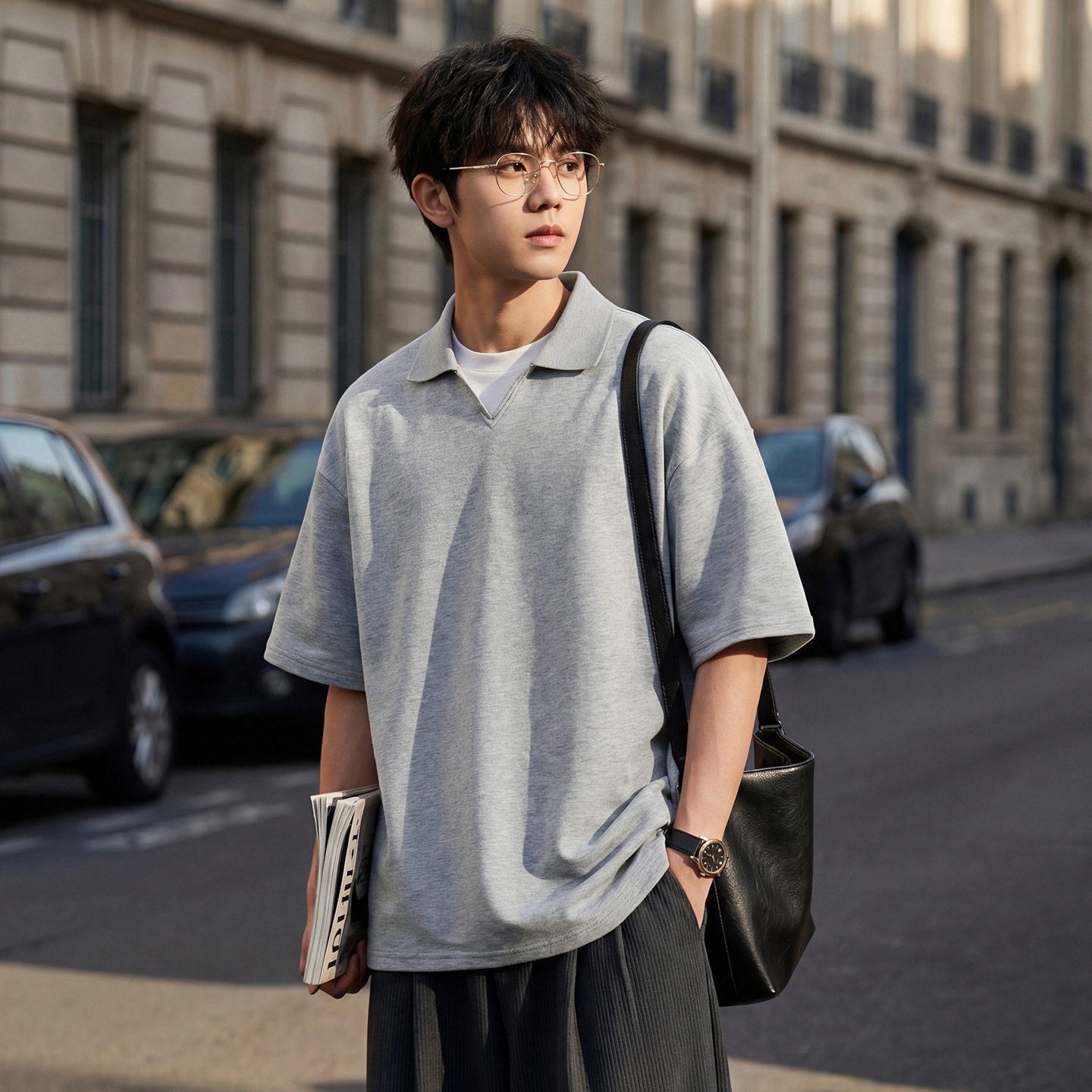 针织V领polo衫男夏季款复古纯色短袖T恤cleanfit宽松休闲半袖体恤，男装T恤，电商A362