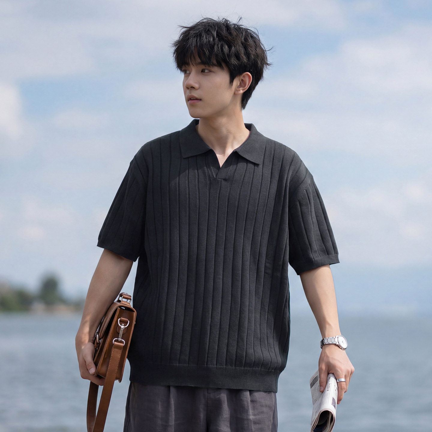 短袖t恤男夏季款感纯色polo衫坑条肌理上衣OP7250-P57控98,男装T恤,电商A362