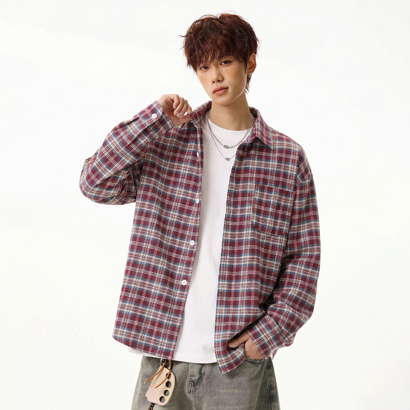 衬衫男春季款基础百搭撞色格纹翻领衬衣情侣外套MC3963-P43，男装衬衫，电商A362