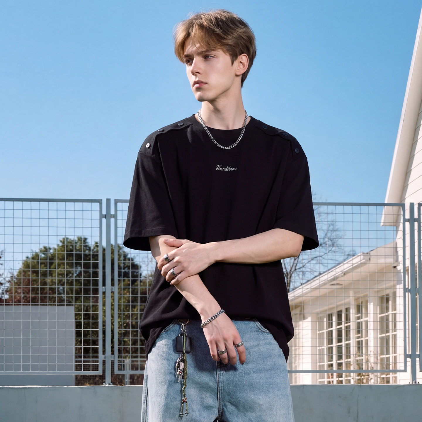 短袖T恤男夏季肩部活页纽扣简约绣花廓形宽松体恤OT7296-P35控65，男装T恤，电商A362